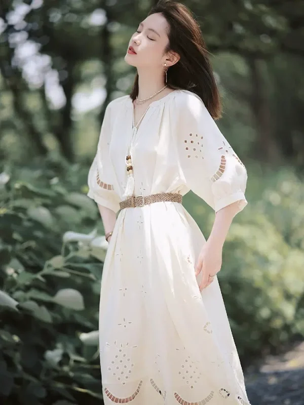 Women's 2024 new summer skirt ethnic style bohemian long skirt French hollow V-neck white dress