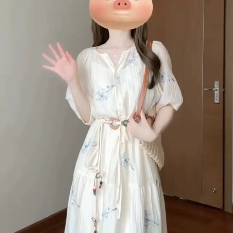 French gentle style floral dress for women in summer, waist-cinching short-sleeved tea break dress, unique, unique and high-end long skirt