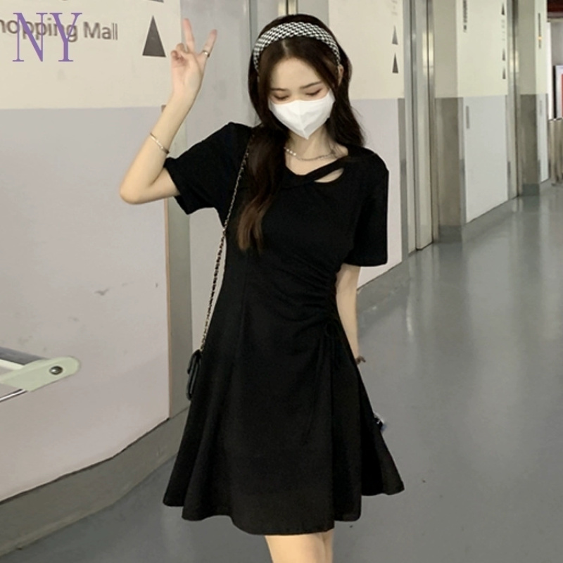 Black dress for women 2024 summer new style small drawstring slimming temperament slim Hepburn style short skirt - Image 3