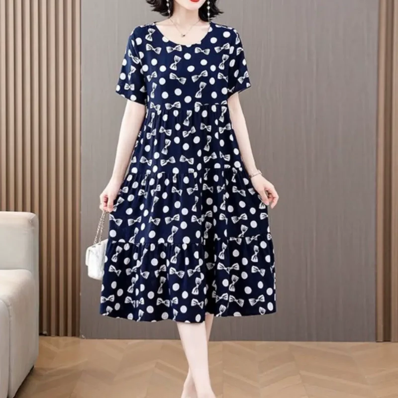 2024 new summer style Senmaring women's cotton silk dress short-sleeved skirt over the knee large size loose slimming long skirt