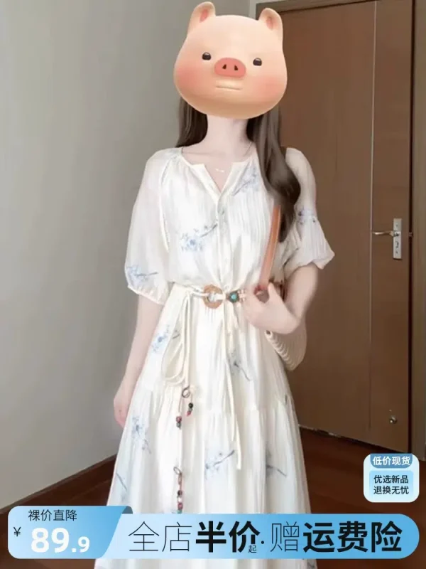 French tea break floral dress for women summer 2024 new style high-end gentle temperament lace-up waist long skirt
