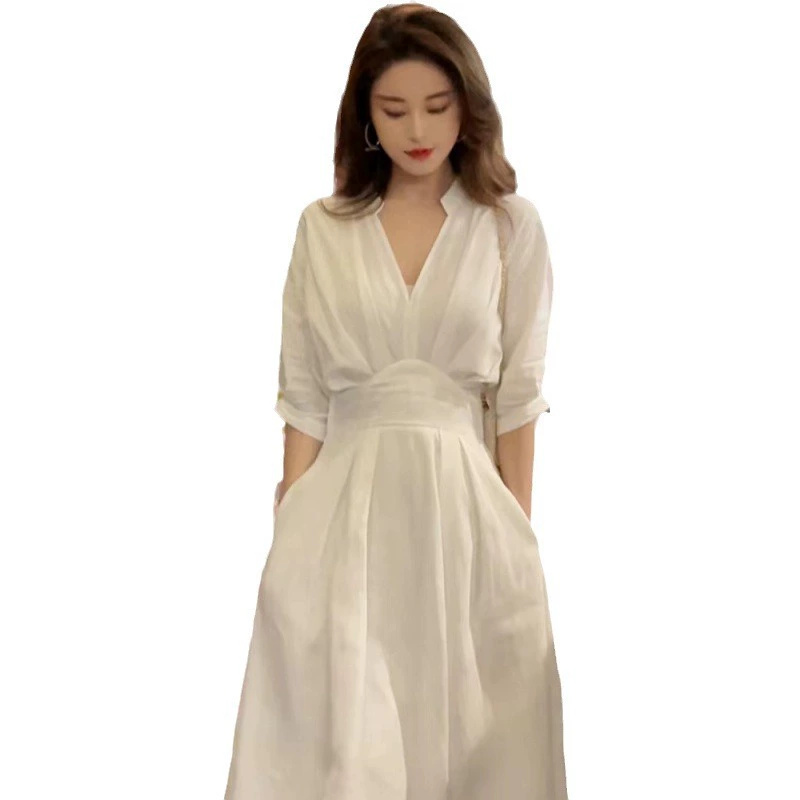 New high-end niche design long skirt, French style, gentle style and generous temperament, white shirt dress, women's summer - Image 5