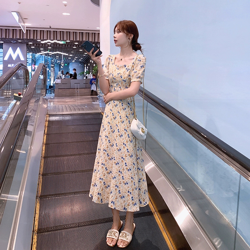 Floral dress for women summer 2024 new style French retro gentle style slim waist chiffon long skirt over the knee skirt - Image 2