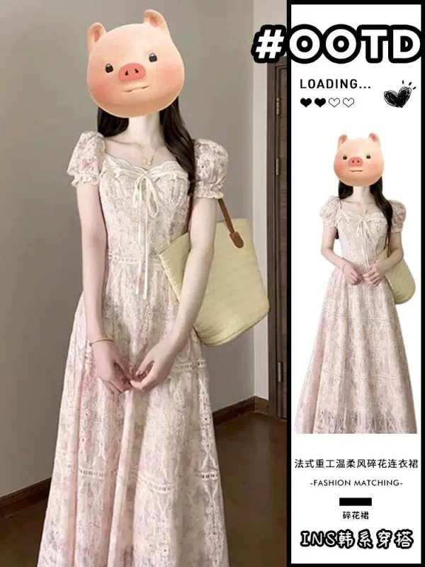 Gentle style pink floral dress for women summer 2024 new tea break French style heavy industry waist long skirt