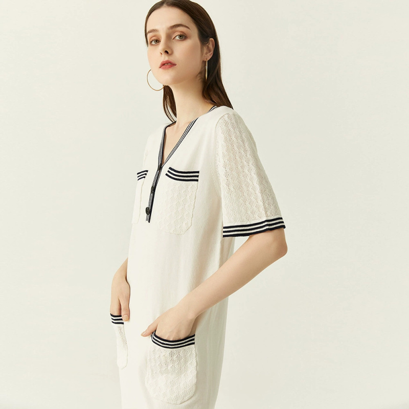 [Xiaoxiang Loose Knitted Dress] New Summer Tencel French Hollow Off-White Long Dress - Image 2