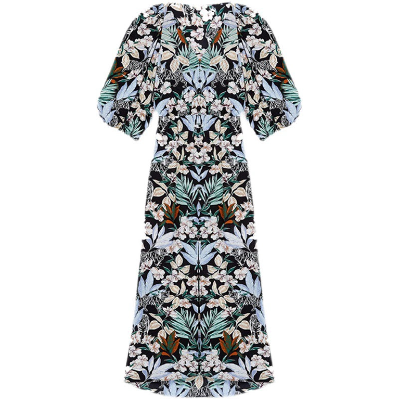 French floral long dress V-neck printed mid-sleeve high-waist jungle pattern waist-cut dress 24 summer new style - Image 5