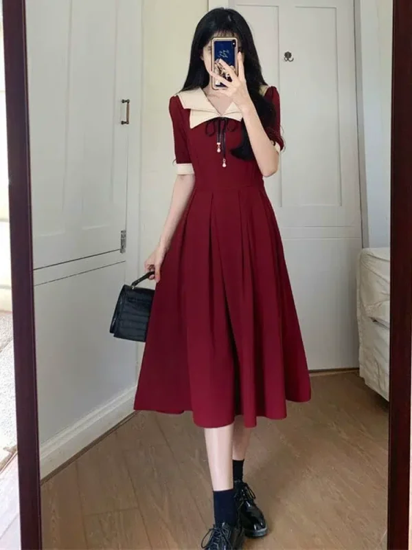 Slightly chubby mm, college style waist dress, summer plus size, age-reducing, slimming mid-length skirt, pear-shaped chic design