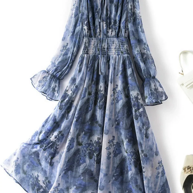 Ink printed chiffon long-sleeved dress, light and mature style, elegant temperament, plus size fat mm waist long skirt, new summer style