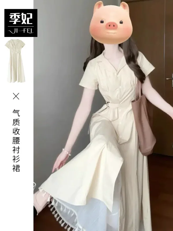 High-end French shirt dress for women summer 2024 new style simple, elegant, decent, waist-cinching and temperament long skirt