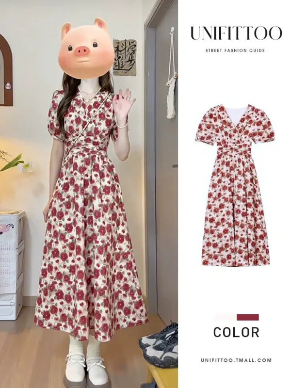 Summer v-neck floral dress for women 2024 new waist slimming long skirt tea break French temperament and high-end sense