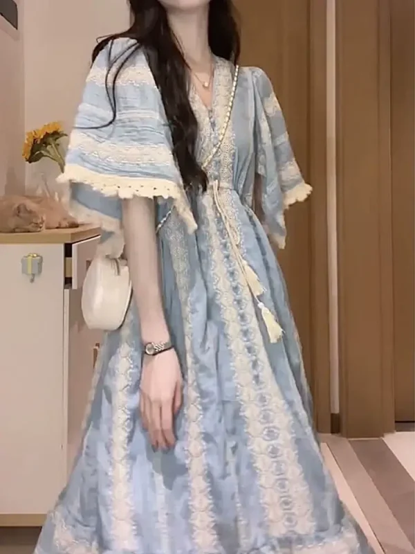 Bohemian embroidered seaside resort style dress for women summer new French tea break temperament skirt puff sleeves