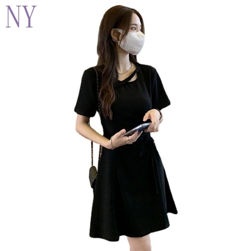 Black dress for women 2024 summer new style small drawstring slimming temperament slim Hepburn style short skirt - Image 5