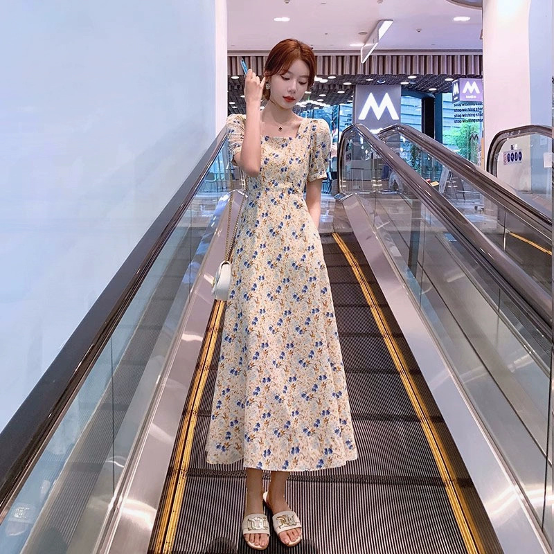 Floral dress for women summer 2024 new style French retro gentle style slim waist chiffon long skirt over the knee skirt