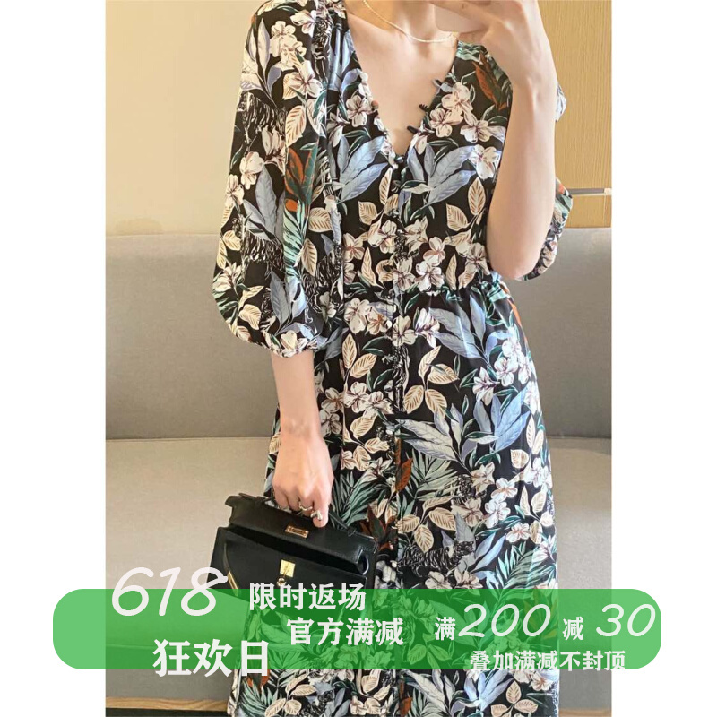 French floral long dress V-neck printed mid-sleeve high-waist jungle pattern waist-cut dress 24 summer new style